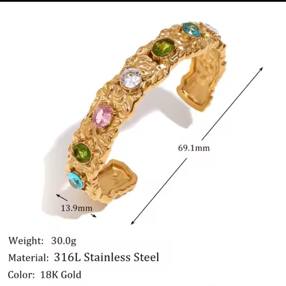 Colorful Gemstone Cuff Bracelet – 18K Gold Plated on Stainless Steel - Picture 5 of 10